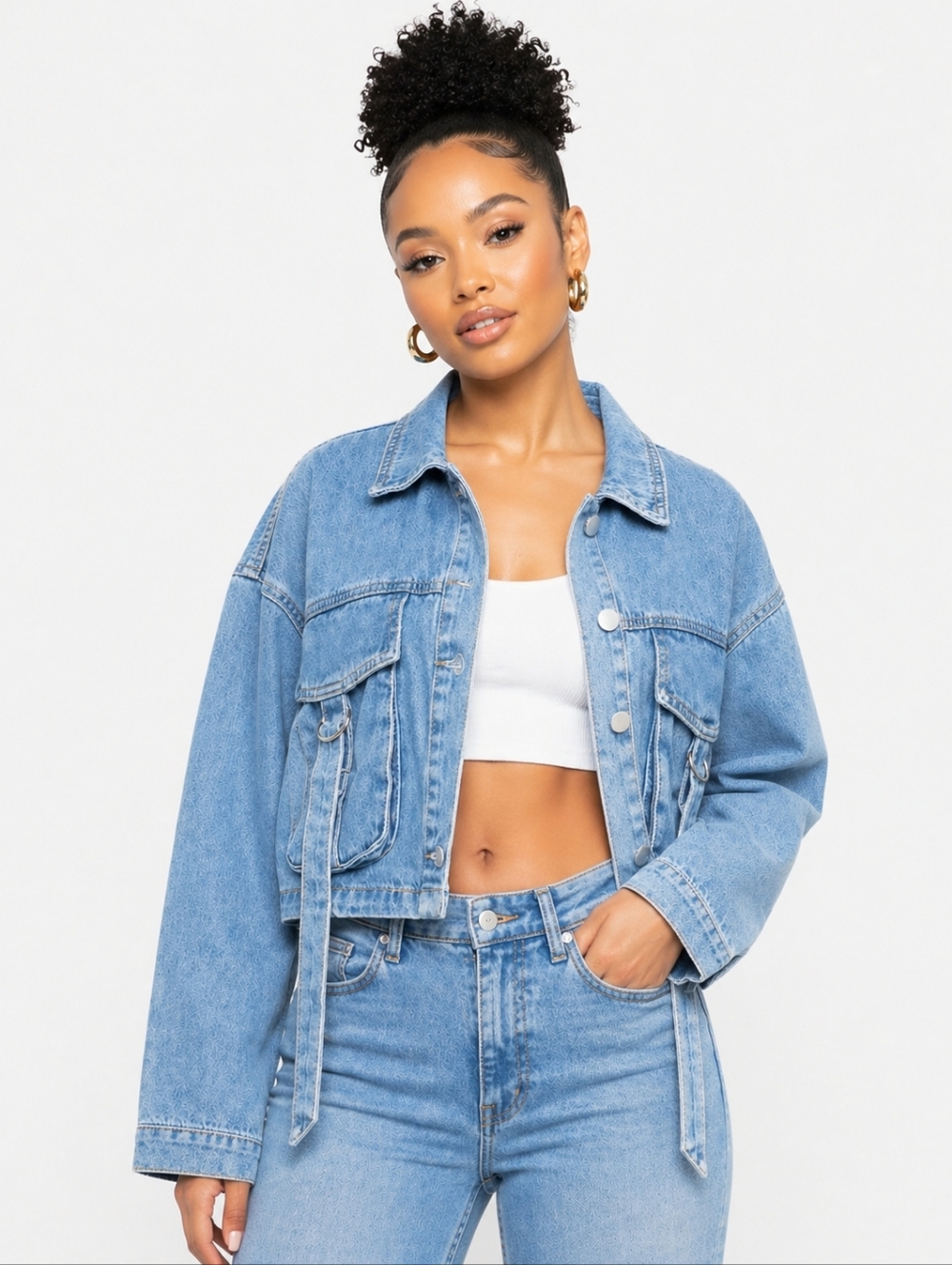 Cropped Utility Denim Jacket with Strap Detail